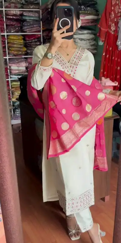SRK 5173 White Color Chinnon Silk Embroidery Sequence Salwar Suit Wedding, Party, Festive, Events Expected Delivery 4-6 Working Days @ 1899/- | Jump Suits, Salwar suit, Designer Suits, Casual Suits, Creative suits, Palazzo Suits, Party Wear Suits, Patiala Suits, Straight Suits