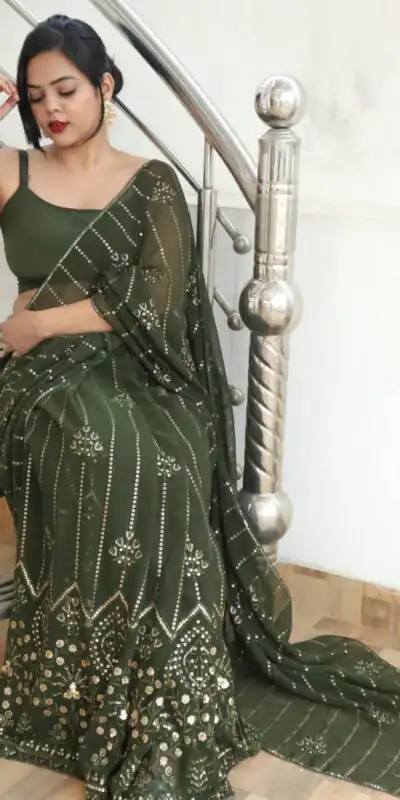 JR 609 Green Color Georgette Embroidery Sequence Saree Casual, Wedding, Festive, Events Expected Delivery  4-6 Working Days @1749/- | Sarees, Bollywood Sarees, Creative Sarees, Designer Sarees, Embroidered Sarees, Ethnic Saree, Modern Digital sarees, Party Wear Sarees