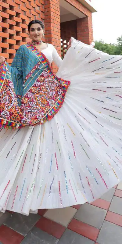 LG 593 White Color Crepe Printed Real Mirror Work Lehenga Choli Traditional Wear, Festive, Wedding, Events Expected Delivery 4-6 Working Days @1949/- | Lehenga, Bollywood Lehenga, Creative Lehenga, Designer Lehenga, Embroidered Lehenga, Party Wear Lehenga