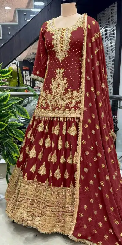 NSR 806 Red Color Pure Chinnon Silk Embroidery Lehenga Choli Casual, Party Festive, Events Etc. Expected Delivery 4-6 Working Days @2199/- | Lehenga, Bollywood Lehenga, Creative Lehenga, Designer Lehenga, Embroidered Lehenga, Party Wear Lehenga, Straight Suits