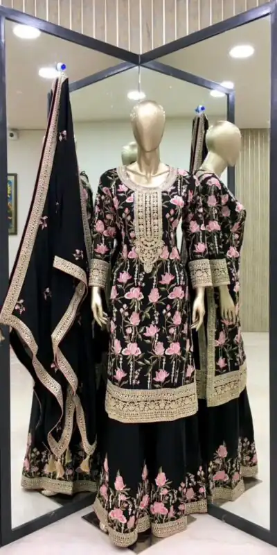 SR 1615 Black Color Georgette Embroidery Coding Sharara Suit Wedding, Party, Festive, Events Etc. Expected Delivery 4-6 Working Days @2399Only | Salwar suit, Designer Suits, Casual Suits, Creative suits, Palazzo Suits, Party Wear Suits, Straight Suits