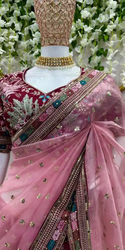 KD 481 Peach Color Organza Silk Thread Sequence Work Saree Casual, Party Wear, Wedding, Events Etc. Expected Delivery 4-6 Working Days @2099/- | Sarees, Bollywood Sarees, Creative Sarees, Designer Sarees, Embroidered Sarees, Ethnic Saree, Modern Digital sarees, Party Wear Sarees