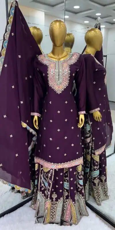 ZF 377 Purple Color Chinnon Silk Embroidery Sequence Salwar Suit Casual, Wedding, Party, Events Etc. Expected Delivery 4-6 Working Days 2499/- | Jump Suits, Salwar suit, Designer Suits, Casual Suits, Creative suits, Palazzo Suits, Party Wear Suits, Patiala Suits, Straight Suits