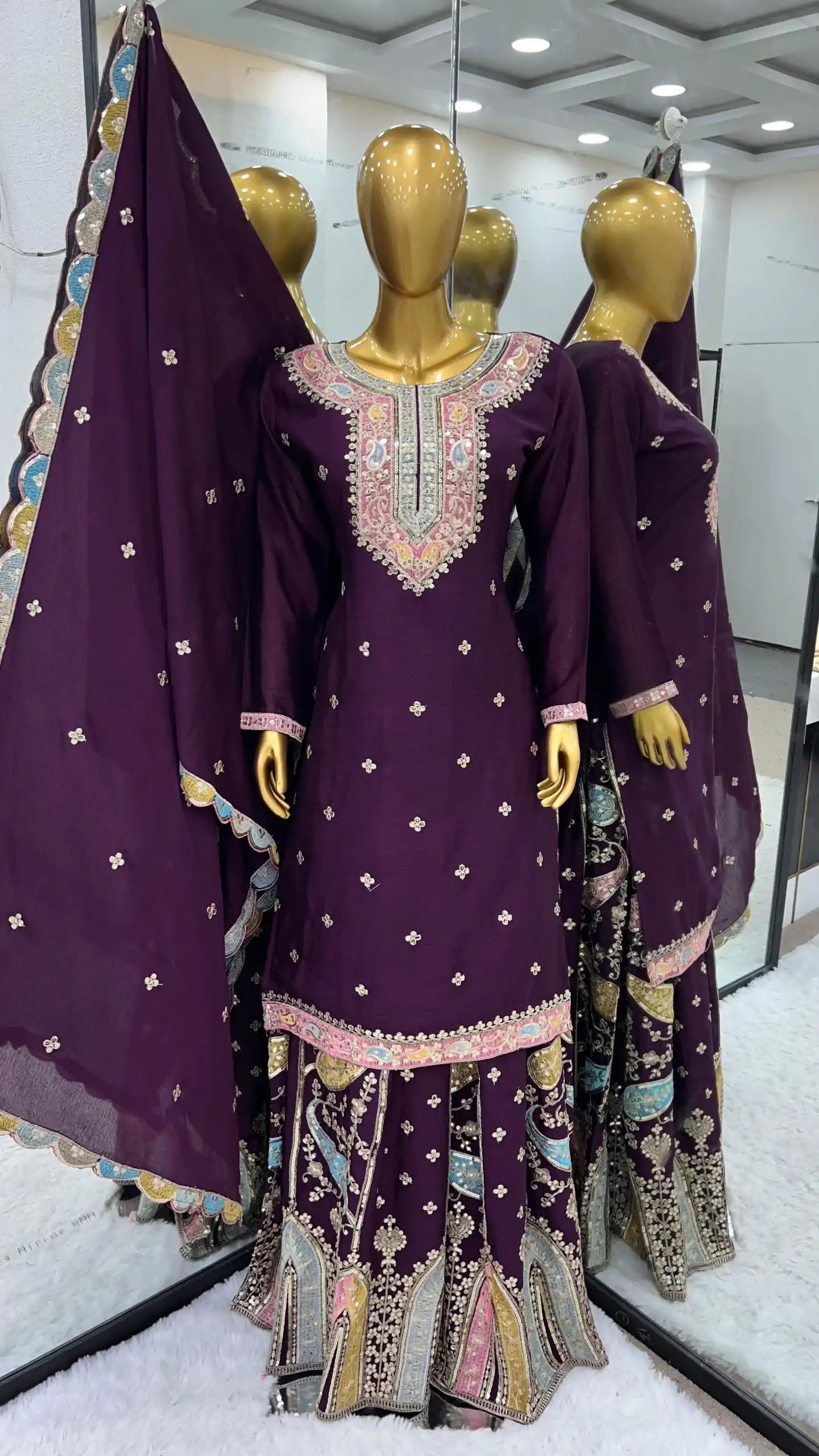 ZF 377 Purple Color Chinnon Silk Embroidery Sequence Salwar Suit Casual, Wedding, Party, Events Etc. Expected Delivery 4-6 Working Days 2499/- | Jump Suits, Salwar suit, Designer Suits, Casual Suits, Creative suits, Palazzo Suits, Party Wear Suits, Patiala Suits, Straight Suits