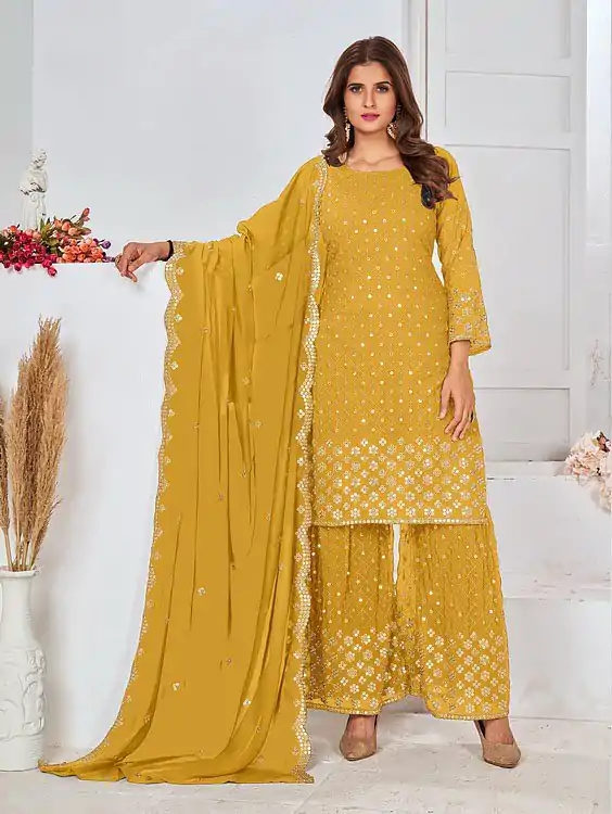FC 5609 Yellow Color Cute Light Green Color Georgette Embroidery Stone Sharara Suit Wedding, Party, Festive Expected Delivery 4-6 Working Days  @2199/- | Jump Suits, Salwar suit, Designer Suits, Casual Suits, Creative suits, Palazzo Suits, Party Wear Suits, Patiala Suits, Straight Suits