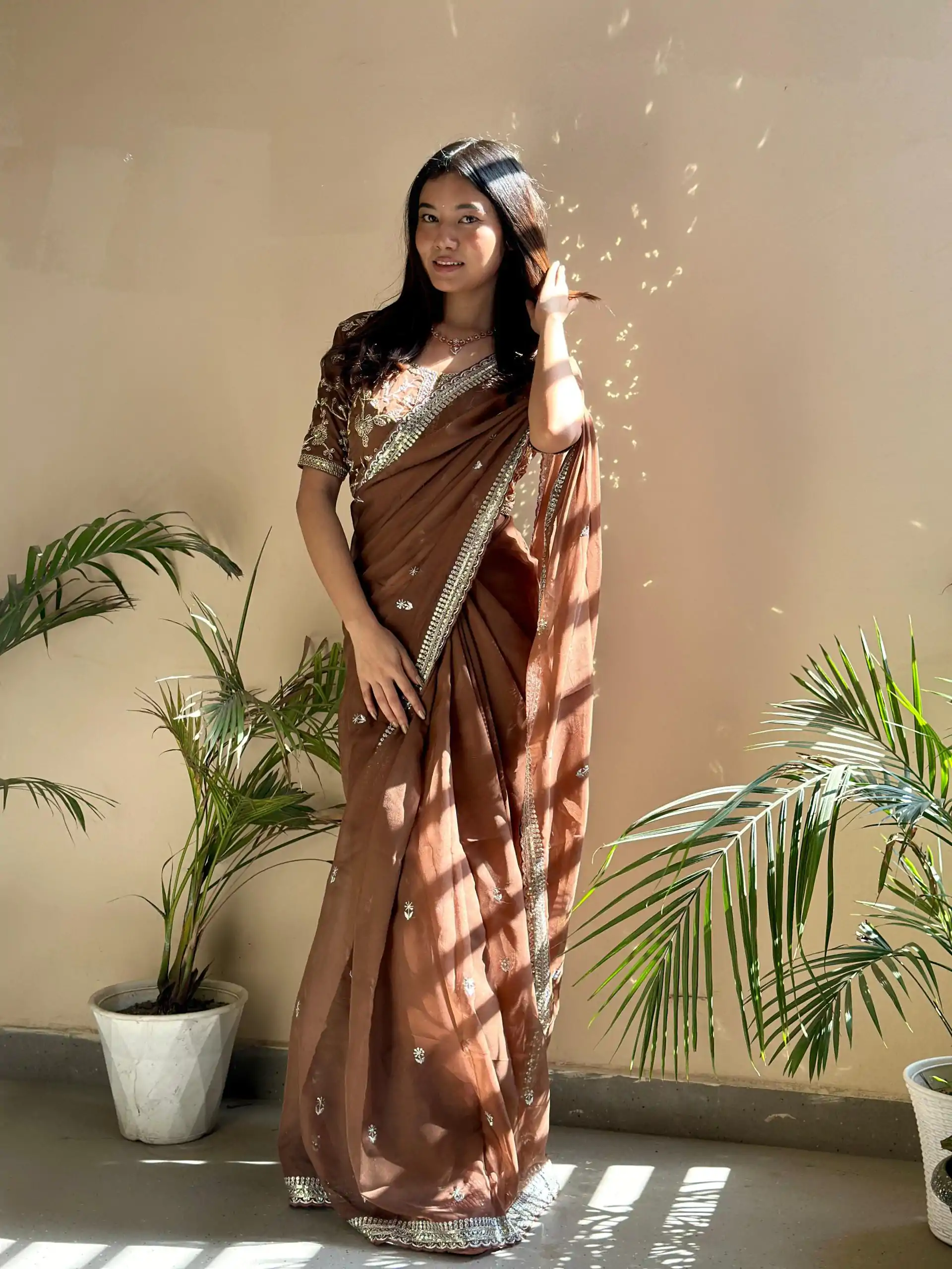 AC MAGIC CIRCLE Brown Color Pure Soft Organza Embroidery Zari Saree Casual, Wedding, Festive, Events Expected Delivery 4-6 Working Days @2099/- | Sarees, Bollywood Sarees, Creative Sarees, Designer Sarees, Embroidered Sarees, Ethnic Saree, Modern Digital sarees, Party Wear Sarees