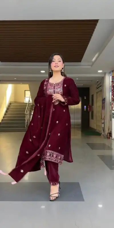 ZF 343 Maroon Color Viscose Velvet Embroidery Salwar Suit Casual, Wedding, Party, Events Etc. Expected Delivery 4-6 Working Days 1899/- | Jump Suits, Salwar suit, Designer Suits, Casual Suits, Creative suits, Palazzo Suits, Party Wear Suits, Patiala Suits, Straight Suits
