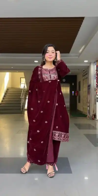 ZF 343 Maroon Color Viscose Velvet Embroidery Salwar Suit Casual, Wedding, Party, Events Etc. Expected Delivery 4-6 Working Days 1899/- | Jump Suits, Salwar suit, Designer Suits, Casual Suits, Creative suits, Palazzo Suits, Party Wear Suits, Patiala Suits, Straight Suits