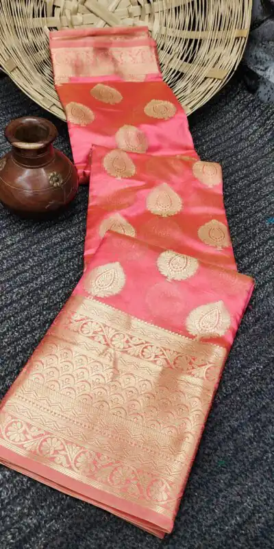MB 3246 Salmon Color Organza Silk Beautiful Gold Zari Saree Casual, Wedding, Party, Festival, Events, Etc. Expected Delivery 4-6 Working Days @1599/- | Sarees, Bollywood Sarees, Creative Sarees, Designer Sarees, Embroidered Sarees, Ethnic Saree, Modern Digital sarees, Party Wear Sarees