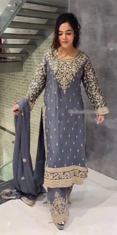 SSR 477 Cement Color Chinnon Silk Embroidery Sequence Salwar Suit Wedding, Party, Festive, Events Expected Delivery 4-6 Working Days @ 2099/- | Jump Suits, Salwar suit, Designer Suits, Casual Suits, Creative suits, Palazzo Suits, Party Wear Suits, Patiala Suits, Straight Suits