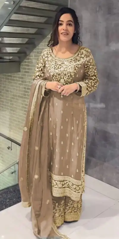 SSR 477 Cream Color Chinnon Silk Embroidery Sequence Salwar Suit Wedding, Party, Festive, Events Expected Delivery 4-6 Working Days @ 2099/- | Jump Suits, Salwar suit, Designer Suits, Casual Suits, Creative suits, Palazzo Suits, Party Wear Suits, Patiala Suits, Straight Suits