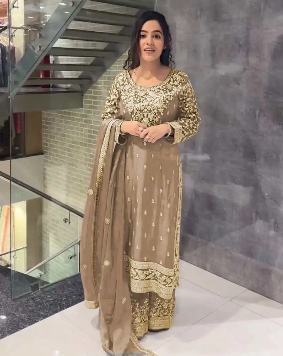 SSR 477 Cream Color Chinnon Silk Embroidery Sequence Salwar Suit Wedding, Party, Festive, Events Expected Delivery 4-6 Working Days @ 2099/- | Jump Suits, Salwar suit, Designer Suits, Casual Suits, Creative suits, Palazzo Suits, Party Wear Suits, Patiala Suits, Straight Suits