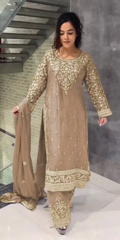 SSR 477 Cream Color Chinnon Silk Embroidery Sequence Salwar Suit Wedding, Party, Festive, Events Expected Delivery 4-6 Working Days @ 2099/- | Jump Suits, Salwar suit, Designer Suits, Casual Suits, Creative suits, Palazzo Suits, Party Wear Suits, Patiala Suits, Straight Suits