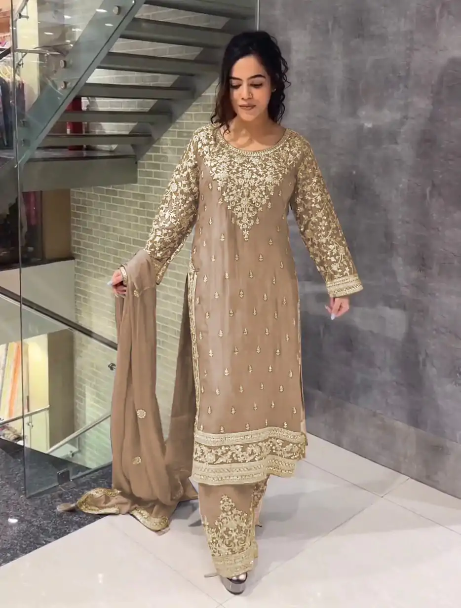 SSR 477 Cream Color Chinnon Silk Embroidery Sequence Salwar Suit Wedding, Party, Festive, Events Expected Delivery 4-6 Working Days @ 2099/- | Jump Suits, Salwar suit, Designer Suits, Casual Suits, Creative suits, Palazzo Suits, Party Wear Suits, Patiala Suits, Straight Suits