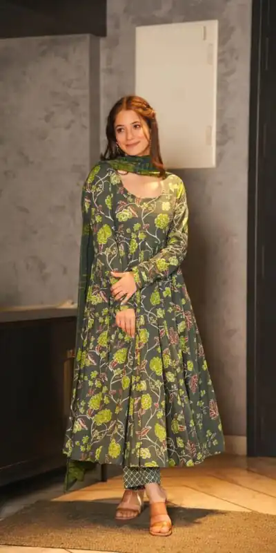 MF 434 Green Color Silk Satin Digital Printed Sleeves Gown Casual, Party, Wedding, Festive, Events Etc. Expected Delivery 4-6 Working Days @1899/- Only | Gowns, Bollywood Gowns, Creative Gowns, Designer Gowns, Embroidered Gowns, Party Wear Gowns