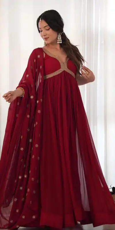 SSR 450 Maroon Color Georgette Embroidery Sequence Gown Casual, Wedding, Party, Festive, Events Etc. Expected Delivery 4-6 Working Days @1799/- | Gowns, Bollywood Gowns, Creative Gowns, Designer Gowns, Embroidered Gowns, Party Wear Gowns