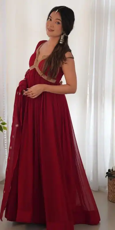 SSR 450 Maroon Color Georgette Embroidery Sequence Gown Casual, Wedding, Party, Festive, Events Etc. Expected Delivery 4-6 Working Days @1799/- | Gowns, Bollywood Gowns, Creative Gowns, Designer Gowns, Embroidered Gowns, Party Wear Gowns