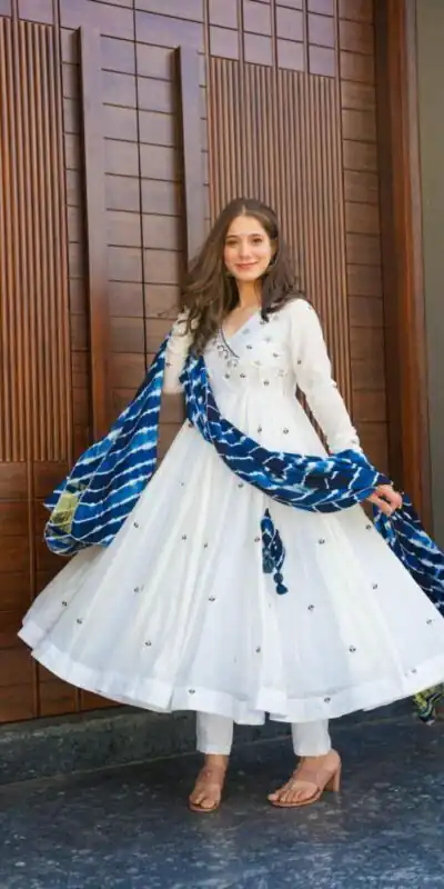 VLM 195 White Color Georgette Embroidery Sequence Gown Casual, Wedding, Party, Festive, Events Etc. Expected Delivery 4-6 Working Days @1999/-  | Gowns, Bollywood Gowns, Creative Gowns, Designer Gowns, Embroidered Gowns, Party Wear Gowns