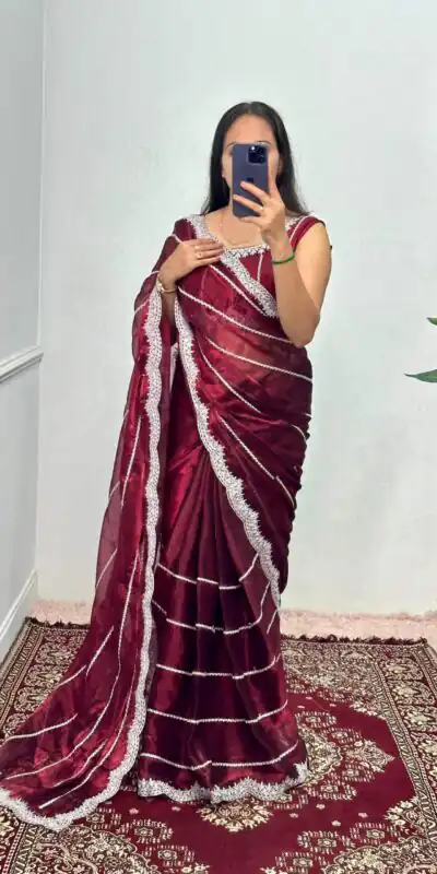 ST 476 Maroon Color Burbary Blooming Embroidery Zari Saree Casual, Wedding, Party, Festive, Events Etc. Expected Delivery 4-6 Working Days @1899/- | Sarees, Bollywood Sarees, Creative Sarees, Designer Sarees, Embroidered Sarees, Ethnic Saree, Modern Digital sarees, Party Wear Sarees