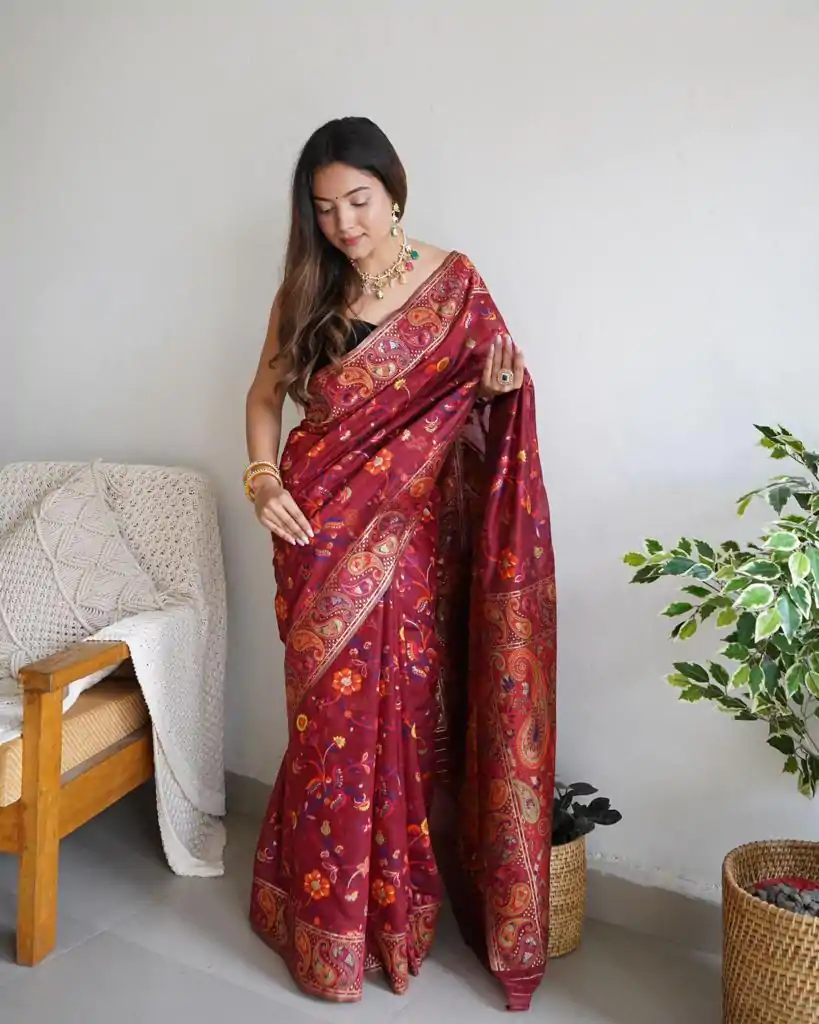 DDF 504 Maroon Color Kashmiri Running Thread Zari Work Saree Casual, Party Wear, Events, Festivals Etc. Expected Delivery 4-6 Working Days 2499/- | Sarees, Bollywood Sarees, Creative Sarees, Designer Sarees, Embroidered Sarees, Ethnic Saree, Modern Digital sarees, Party Wear Sarees