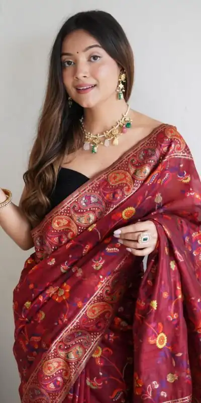 DDF 504 Maroon Color Kashmiri Running Thread Zari Work Saree Casual, Party Wear, Events, Festivals Etc. Expected Delivery 4-6 Working Days 2499/- | Sarees, Bollywood Sarees, Creative Sarees, Designer Sarees, Embroidered Sarees, Ethnic Saree, Modern Digital sarees, Party Wear Sarees