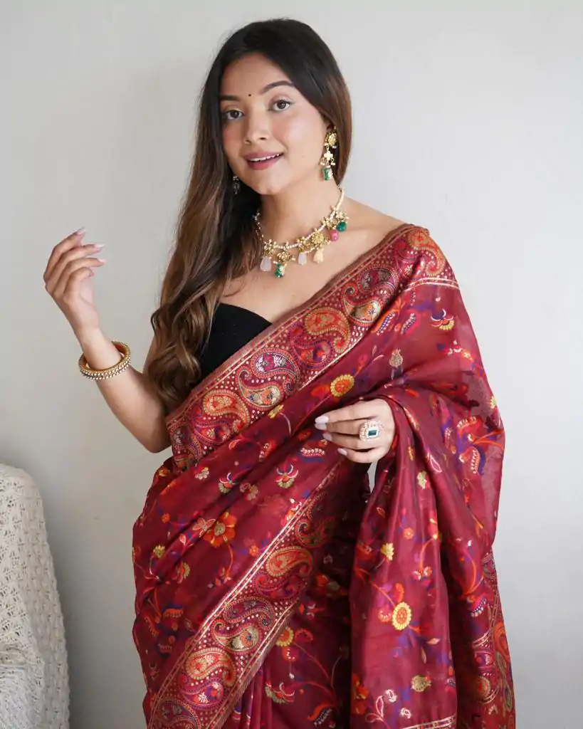 DDF 504 Maroon Color Kashmiri Running Thread Zari Work Saree Casual, Party Wear, Events, Festivals Etc. Expected Delivery 4-6 Working Days 2499/- | Sarees, Bollywood Sarees, Creative Sarees, Designer Sarees, Embroidered Sarees, Ethnic Saree, Modern Digital sarees, Party Wear Sarees