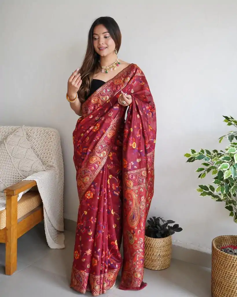DDF 504 Maroon Color Kashmiri Running Thread Zari Work Saree Casual, Party Wear, Events, Festivals Etc. Expected Delivery 4-6 Working Days 2499/- | Sarees, Bollywood Sarees, Creative Sarees, Designer Sarees, Embroidered Sarees, Ethnic Saree, Modern Digital sarees, Party Wear Sarees