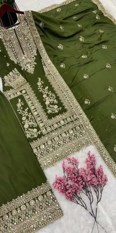 SRK 5146 Mehndi Color Pure Chinnon Silk Embroidery Coding Dori Salwar Suit Wedding, Party, Festive, Events Expected Delivery 4-6 Working Days @ 2199/- | Jump Suits, Salwar suit, Designer Suits, Casual Suits, Creative suits, Palazzo Suits, Party Wear Suits, Patiala Suits, Straight Suits