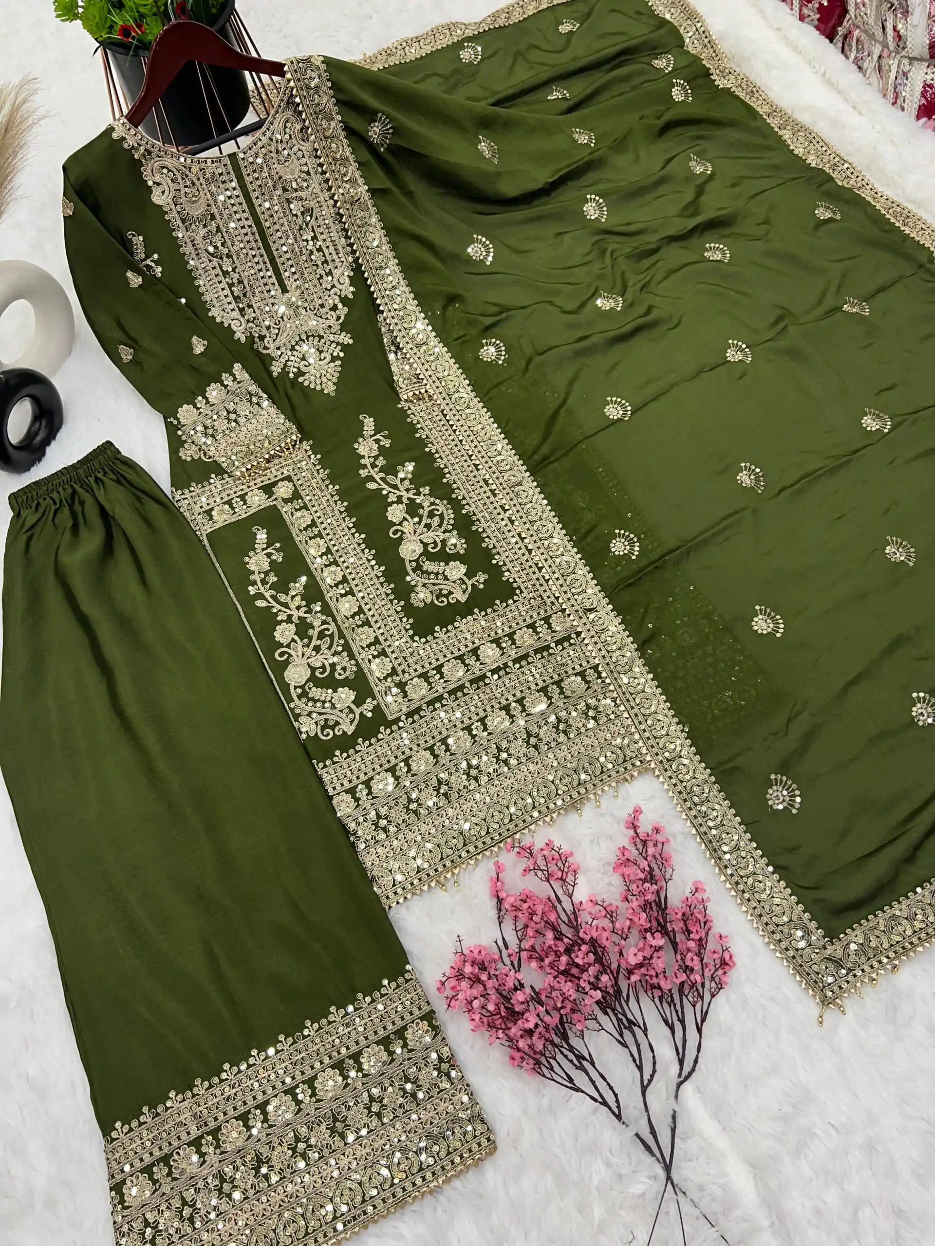 SRK 5146 Mehndi Color Pure Chinnon Silk Embroidery Coding Dori Salwar Suit Wedding, Party, Festive, Events Expected Delivery 4-6 Working Days @ 2199/- | Jump Suits, Salwar suit, Designer Suits, Casual Suits, Creative suits, Palazzo Suits, Party Wear Suits, Patiala Suits, Straight Suits