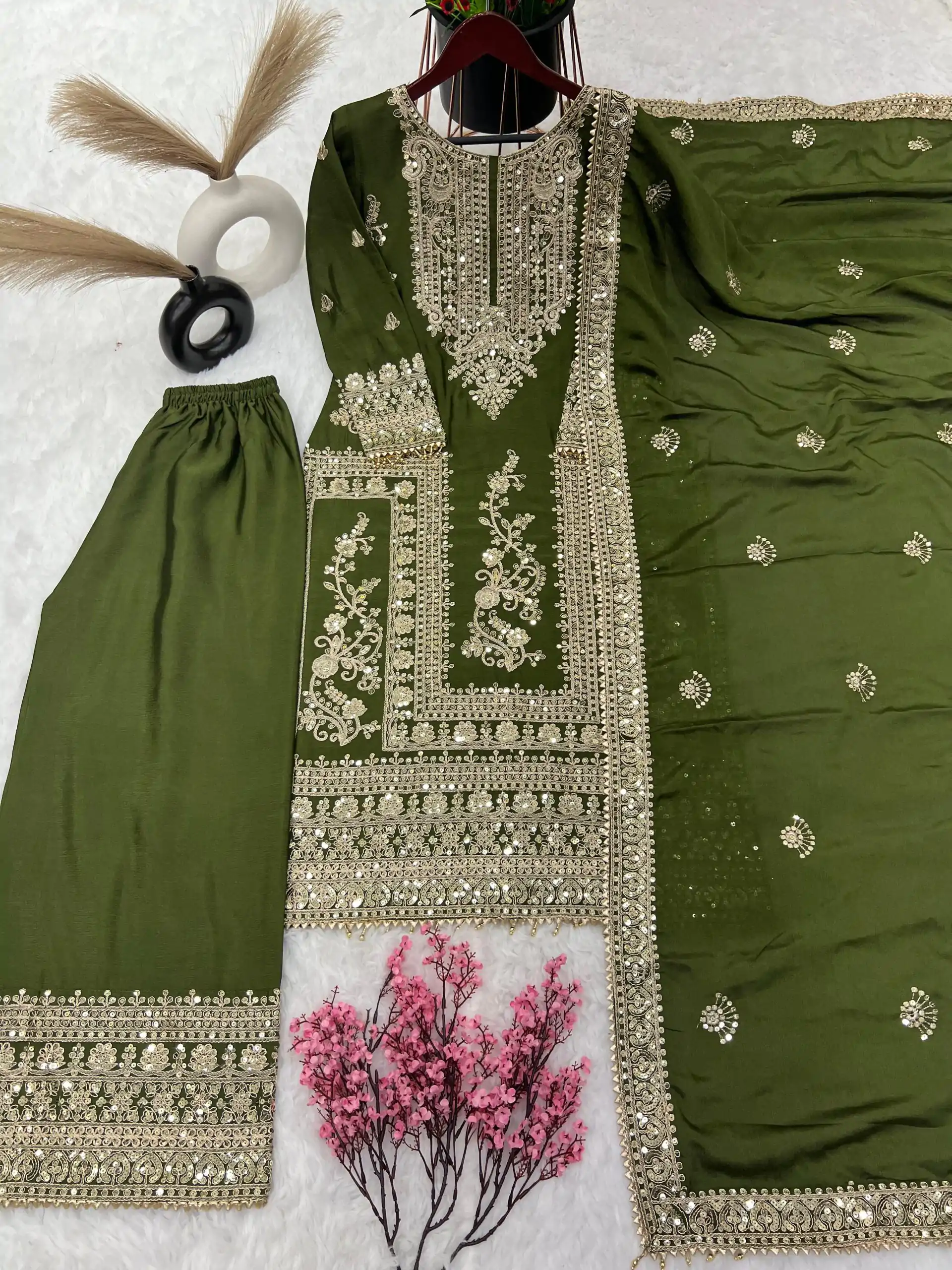 SRK 5146 Mehndi Color Pure Chinnon Silk Embroidery Coding Dori Salwar Suit Wedding, Party, Festive, Events Expected Delivery 4-6 Working Days @ 2199/- | Jump Suits, Salwar suit, Designer Suits, Casual Suits, Creative suits, Palazzo Suits, Party Wear Suits, Patiala Suits, Straight Suits