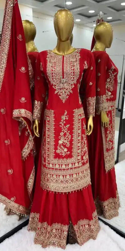 SRK 5146 Red Color Pure Chinnon Silk Embroidery Coding Dori Salwar Suit Wedding, Party, Festive, Events Expected Delivery 4-6 Working Days @ 2199/- | Jump Suits, Salwar suit, Designer Suits, Casual Suits, Creative suits, Palazzo Suits, Party Wear Suits, Patiala Suits, Straight Suits
