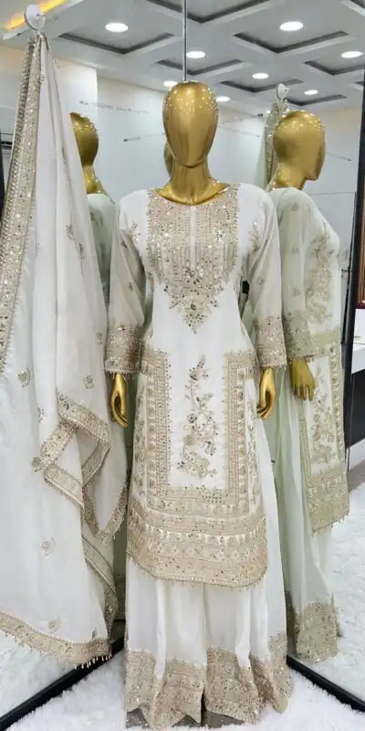 SRK 5146 White Color Pure Chinnon Silk Embroidery Coding Dori Salwar Suit Wedding, Party, Festive, Events Expected Delivery 4-6 Working Days @ 2199/- | Jump Suits, Salwar suit, Designer Suits, Casual Suits, Creative suits, Palazzo Suits, Party Wear Suits, Patiala Suits, Straight Suits