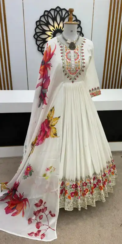 ZF 385 White Color Chinon Silk Embroidery Sequence Gonw Casual, Wedding, Party, Festive, Events Etc. Expected Delivery 4-6 Working Days @2099/- | Gowns, Bollywood Gowns, Creative Gowns, Designer Gowns, Embroidered Gowns, Party Wear Gowns