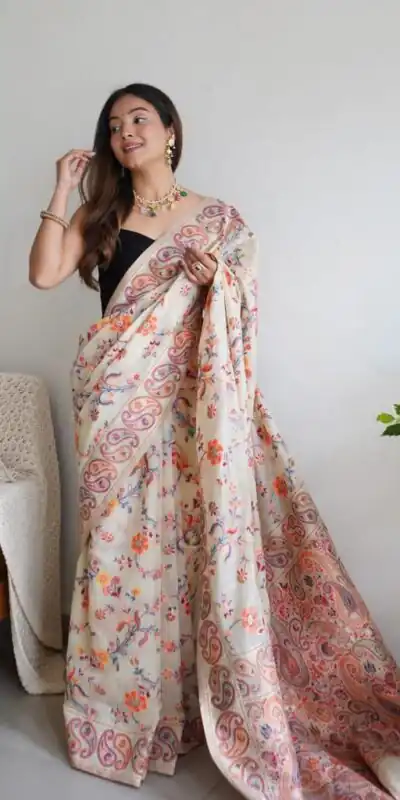 DDF 504 White Color Kashmiri Running Thread Zari Work Saree Casual, Party Wear, Events, Festivals Etc. Expected Delivery 4-6 Working Days 2499/- | Sarees, Bollywood Sarees, Creative Sarees, Designer Sarees, Embroidered Sarees, Ethnic Saree, Modern Digital sarees, Party Wear Sarees