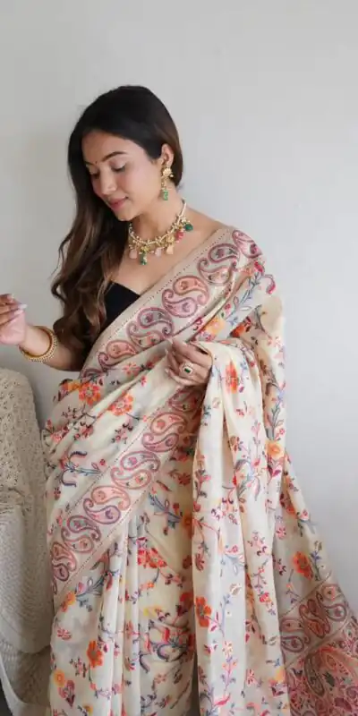 DDF 504 White Color Kashmiri Running Thread Zari Work Saree Casual, Party Wear, Events, Festivals Etc. Expected Delivery 4-6 Working Days 2499/- | Sarees, Bollywood Sarees, Creative Sarees, Designer Sarees, Embroidered Sarees, Ethnic Saree, Modern Digital sarees, Party Wear Sarees