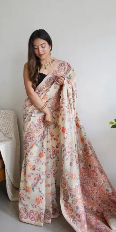 DDF 504 White Color Kashmiri Running Thread Zari Work Saree Casual, Party Wear, Events, Festivals Etc. Expected Delivery 4-6 Working Days 2499/- | Sarees, Bollywood Sarees, Creative Sarees, Designer Sarees, Embroidered Sarees, Ethnic Saree, Modern Digital sarees, Party Wear Sarees