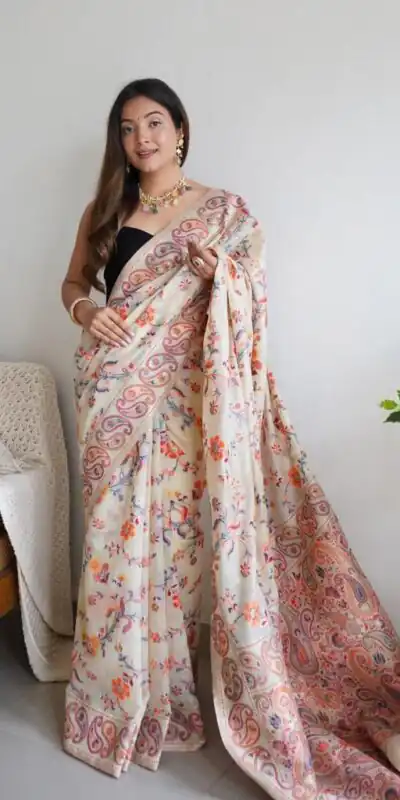 DDF 504 White Color Kashmiri Running Thread Zari Work Saree Casual, Party Wear, Events, Festivals Etc. Expected Delivery 4-6 Working Days 2499/- | Sarees, Bollywood Sarees, Creative Sarees, Designer Sarees, Embroidered Sarees, Ethnic Saree, Modern Digital sarees, Party Wear Sarees