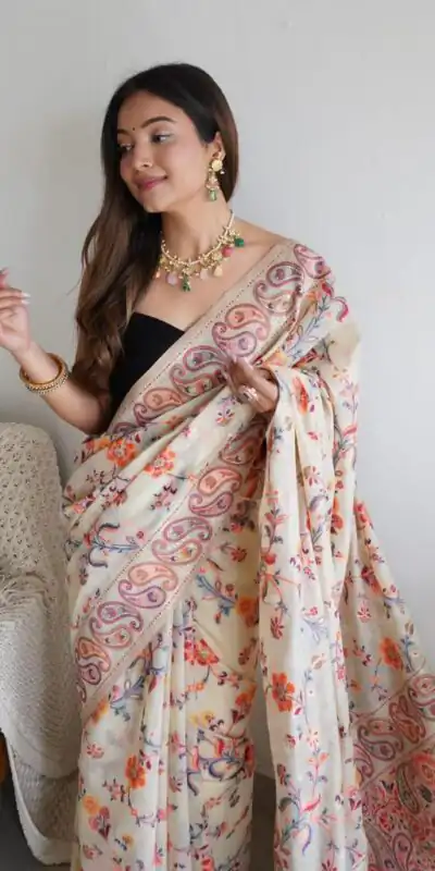 DDF 504 White Color Kashmiri Running Thread Zari Work Saree Casual, Party Wear, Events, Festivals Etc. Expected Delivery 4-6 Working Days 2499/- | Sarees, Bollywood Sarees, Creative Sarees, Designer Sarees, Embroidered Sarees, Ethnic Saree, Modern Digital sarees, Party Wear Sarees