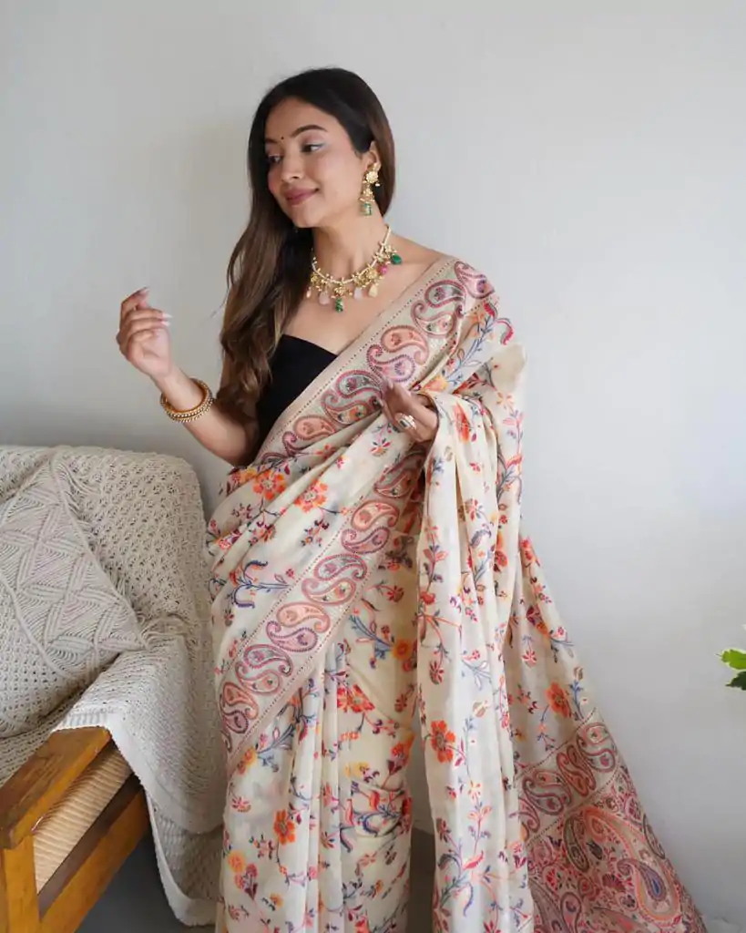 DDF 504 White Color Kashmiri Running Thread Zari Work Saree Casual, Party Wear, Events, Festivals Etc. Expected Delivery 4-6 Working Days 2499/- | Sarees, Bollywood Sarees, Creative Sarees, Designer Sarees, Embroidered Sarees, Ethnic Saree, Modern Digital sarees, Party Wear Sarees