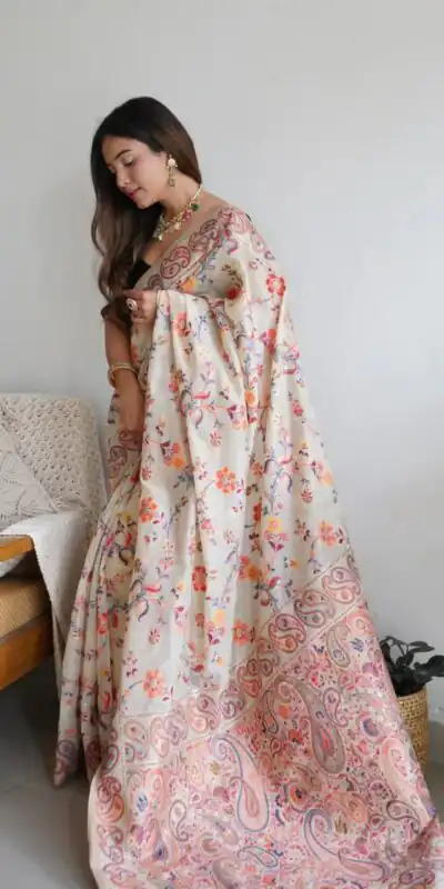 DDF 504 White Color Kashmiri Running Thread Zari Work Saree Casual, Party Wear, Events, Festivals Etc. Expected Delivery 4-6 Working Days 2499/- | Sarees, Bollywood Sarees, Creative Sarees, Designer Sarees, Embroidered Sarees, Ethnic Saree, Modern Digital sarees, Party Wear Sarees