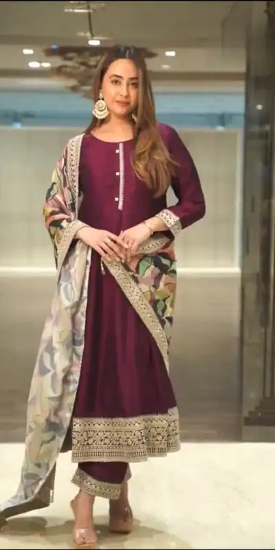 NSR 820 Wine Color Chinnon Silk Embroidery Sequence Gown Casual, Wedding, Festive Party Wear, Events Black Color Gown @2349/- | Gowns, Bollywood Gowns, Creative Gowns, Designer Gowns, Embroidered Gowns, Party Wear Gowns