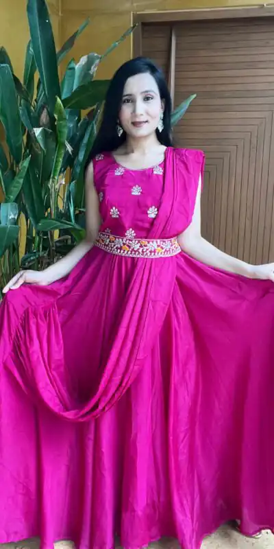 Ram 015 Rani Pink Color Chinon Embroidery Lace Work Gown Casual, Wedding, Party, Festive, Events Etc. Expected Delivery 4-6 Working Days @2049/- | Gowns, Bollywood Gowns, Creative Gowns, Designer Gowns, Embroidered Gowns, Party Wear Gowns