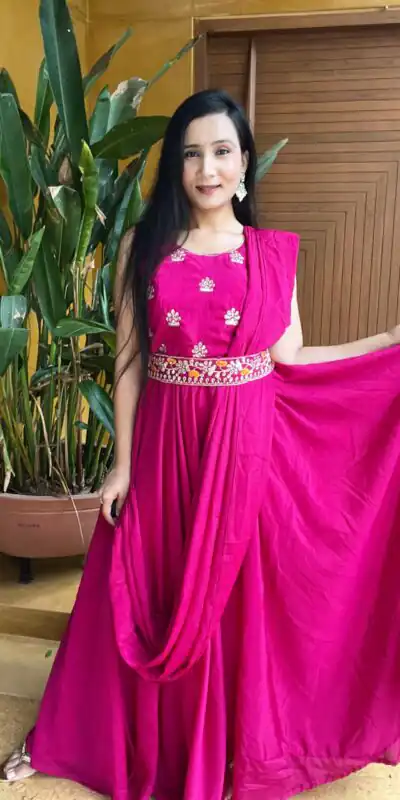Ram 015 Rani Pink Color Chinon Embroidery Lace Work Gown Casual, Wedding, Party, Festive, Events Etc. Expected Delivery 4-6 Working Days @2049/- | Gowns, Bollywood Gowns, Creative Gowns, Designer Gowns, Embroidered Gowns, Party Wear Gowns