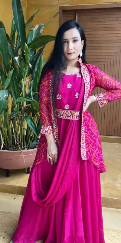 Ram 015 Rani Pink Color Chinon Embroidery Lace Work Gown Casual, Wedding, Party, Festive, Events Etc. Expected Delivery 4-6 Working Days @2049/- | Gowns, Bollywood Gowns, Creative Gowns, Designer Gowns, Embroidered Gowns, Party Wear Gowns