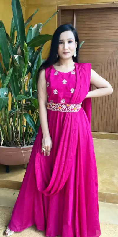 Ram 015 Rani Pink Color Chinon Embroidery Lace Work Gown Casual, Wedding, Party, Festive, Events Etc. Expected Delivery 4-6 Working Days @2049/- | Gowns, Bollywood Gowns, Creative Gowns, Designer Gowns, Embroidered Gowns, Party Wear Gowns