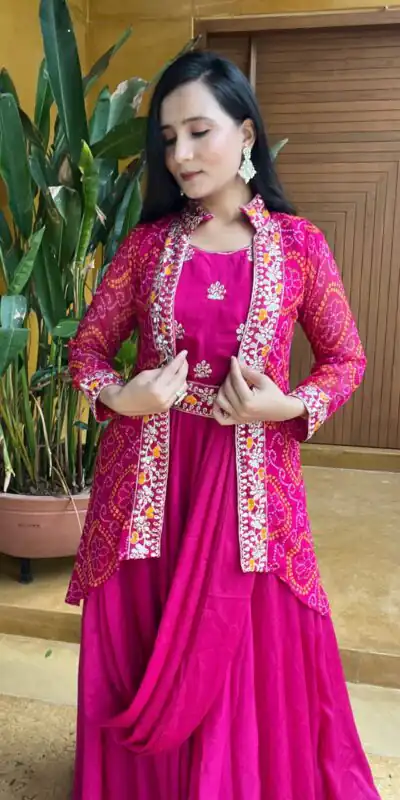 Ram 015 Rani Pink Color Chinon Embroidery Lace Work Gown Casual, Wedding, Party, Festive, Events Etc. Expected Delivery 4-6 Working Days @2049/- | Gowns, Bollywood Gowns, Creative Gowns, Designer Gowns, Embroidered Gowns, Party Wear Gowns
