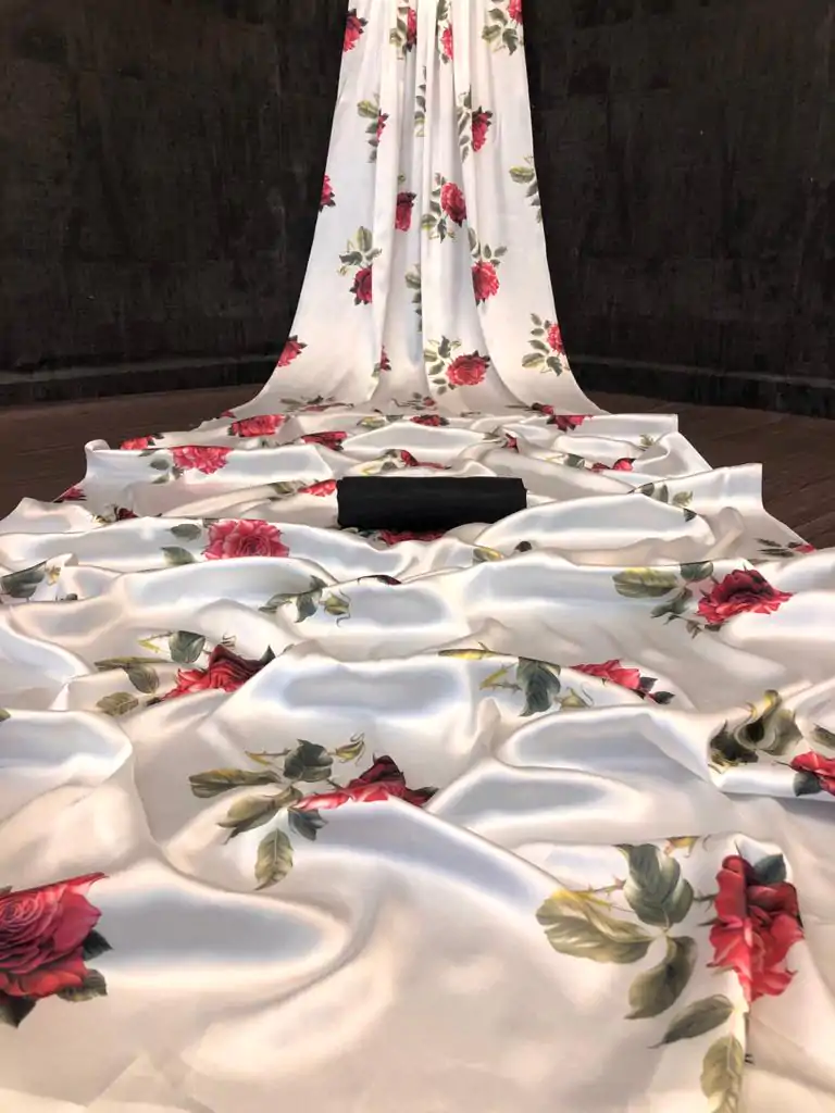 Veechis FLORAL White & Red Color Heavy Devsena Soft Silk Beautiful Digital Printed Saree Casual, Festive, Events. Expected Delivery 4-6 Working Days @1499 | Sarees, Bollywood Sarees, Creative Sarees, Designer Sarees, Embroidered Sarees, Modern Digital sarees, Party Wear Sarees