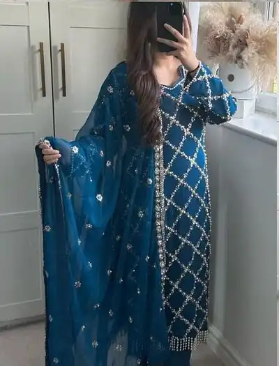 MF 409 Blue Color Georgette Embroidered Hand Work Salwar Suit Wedding, Party, Festive, Events Etc. Expected 4-6 Working Days @2149/- | Jump Suits, Salwar suit, Designer Suits, Casual Suits, Creative suits, Palazzo Suits, Party Wear Suits, Patiala Suits, Straight Suits