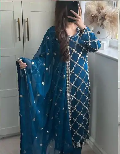 MF 409 Blue Color Georgette Embroidered Hand Work Salwar Suit Wedding, Party, Festive, Events Etc. Expected 4-6 Working Days @2149/- | Jump Suits, Salwar suit, Designer Suits, Casual Suits, Creative suits, Palazzo Suits, Party Wear Suits, Patiala Suits, Straight Suits