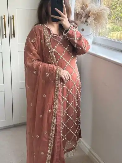 MF 409 Brown Color Georgette Embroidered Hand Work Salwar Suit Wedding, Party, Festive, Events Etc. Expected 4-6 Working Days @2149/- | Jump Suits, Salwar suit, Designer Suits, Casual Suits, Creative suits, Palazzo Suits, Party Wear Suits, Patiala Suits, Straight Suits